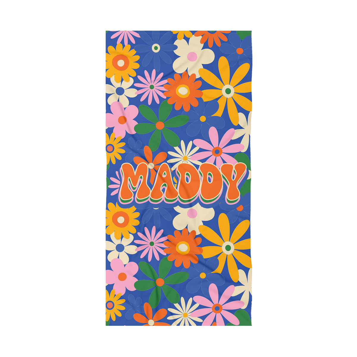 Bright colorful Florals on a bright blue background with the name Laura in a retro groovy font.