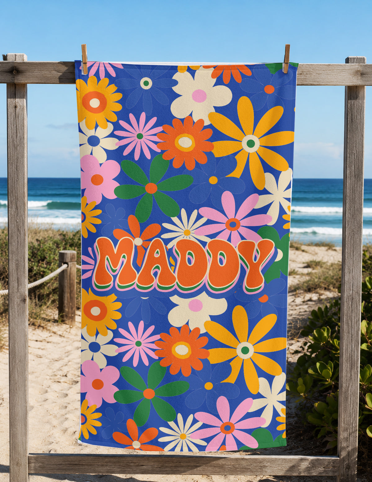 Personalized Retro Daisy Beach Towel | Custom Name Flower Power Design