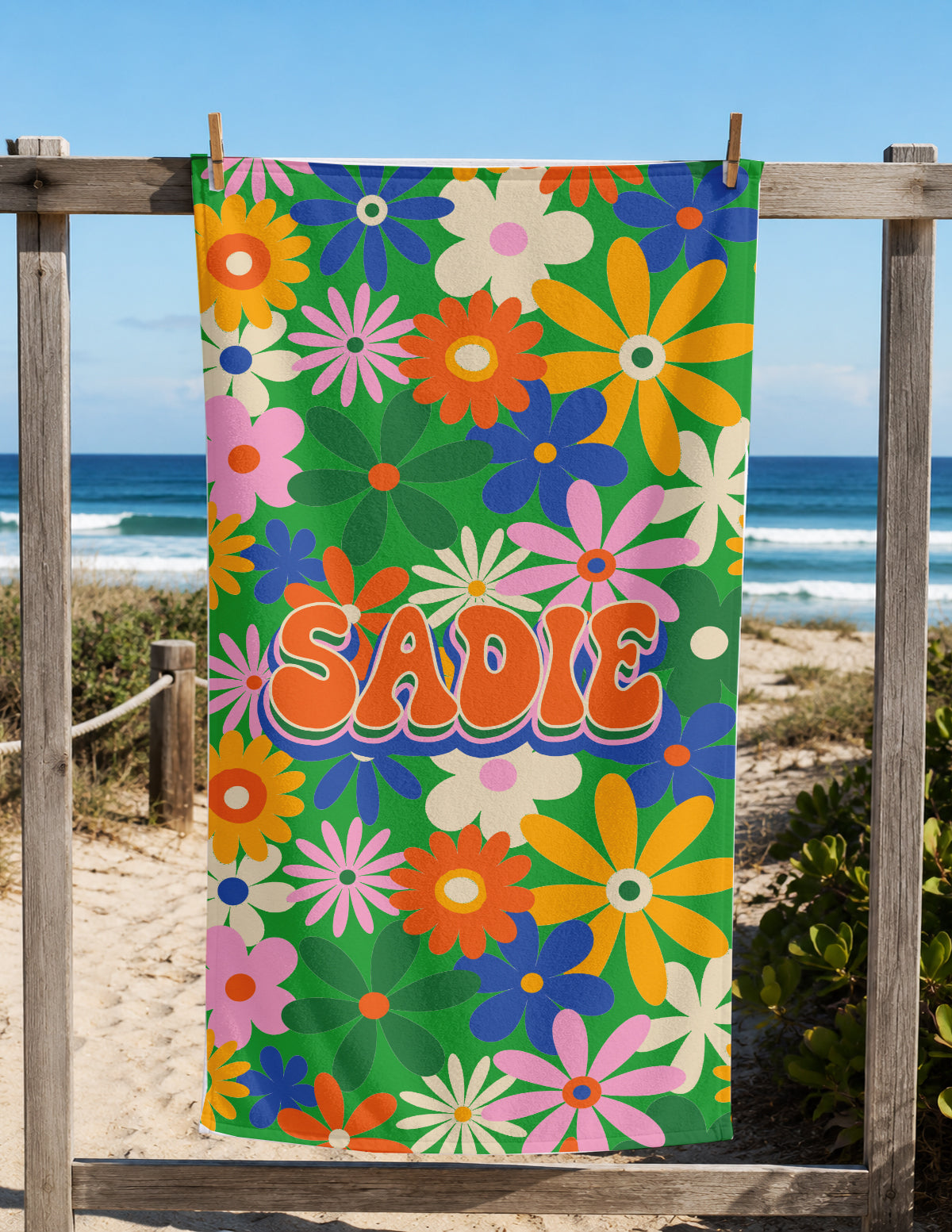 Personalized Retro Daisy Beach Towel | Custom Name Flower Power Design
