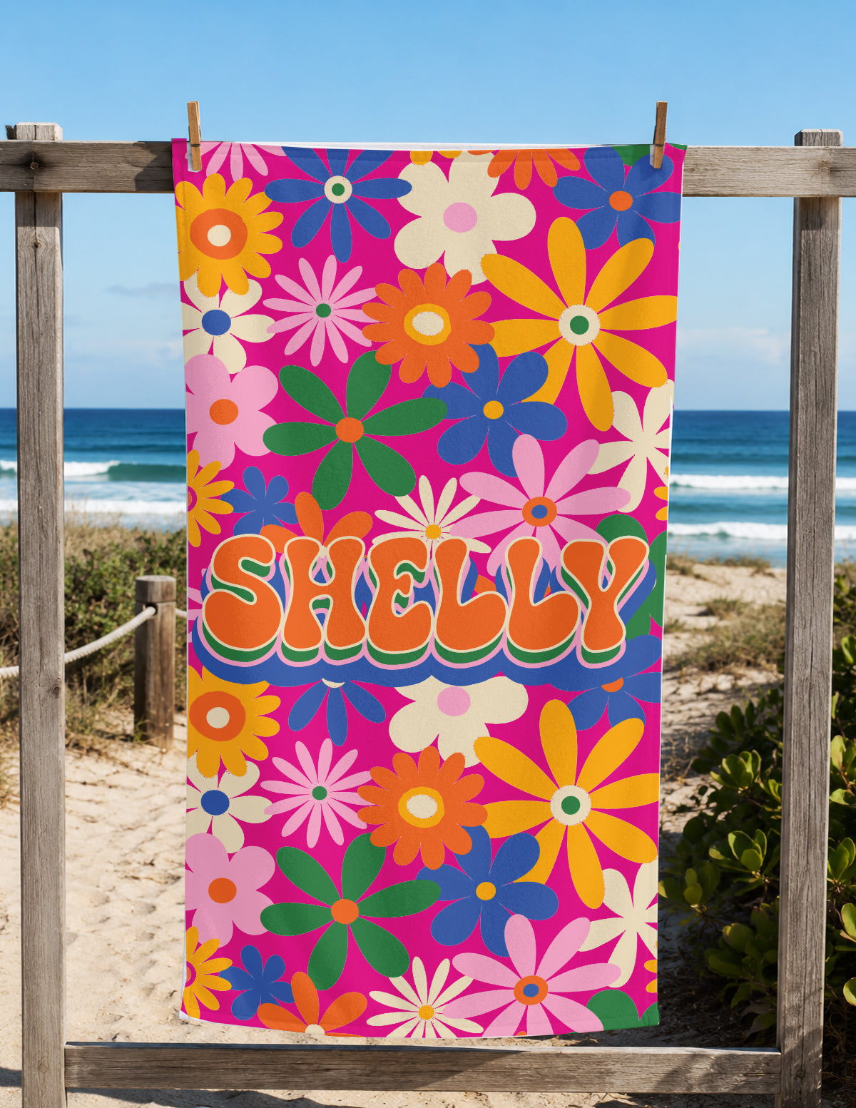Personalized Retro Daisy Beach Towel | Custom Name Flower Power Design