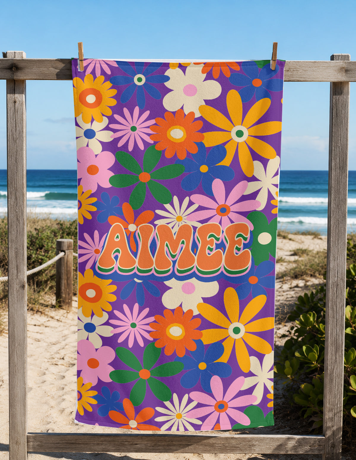 Personalized Retro Daisy Beach Towel | Custom Name Flower Power Design