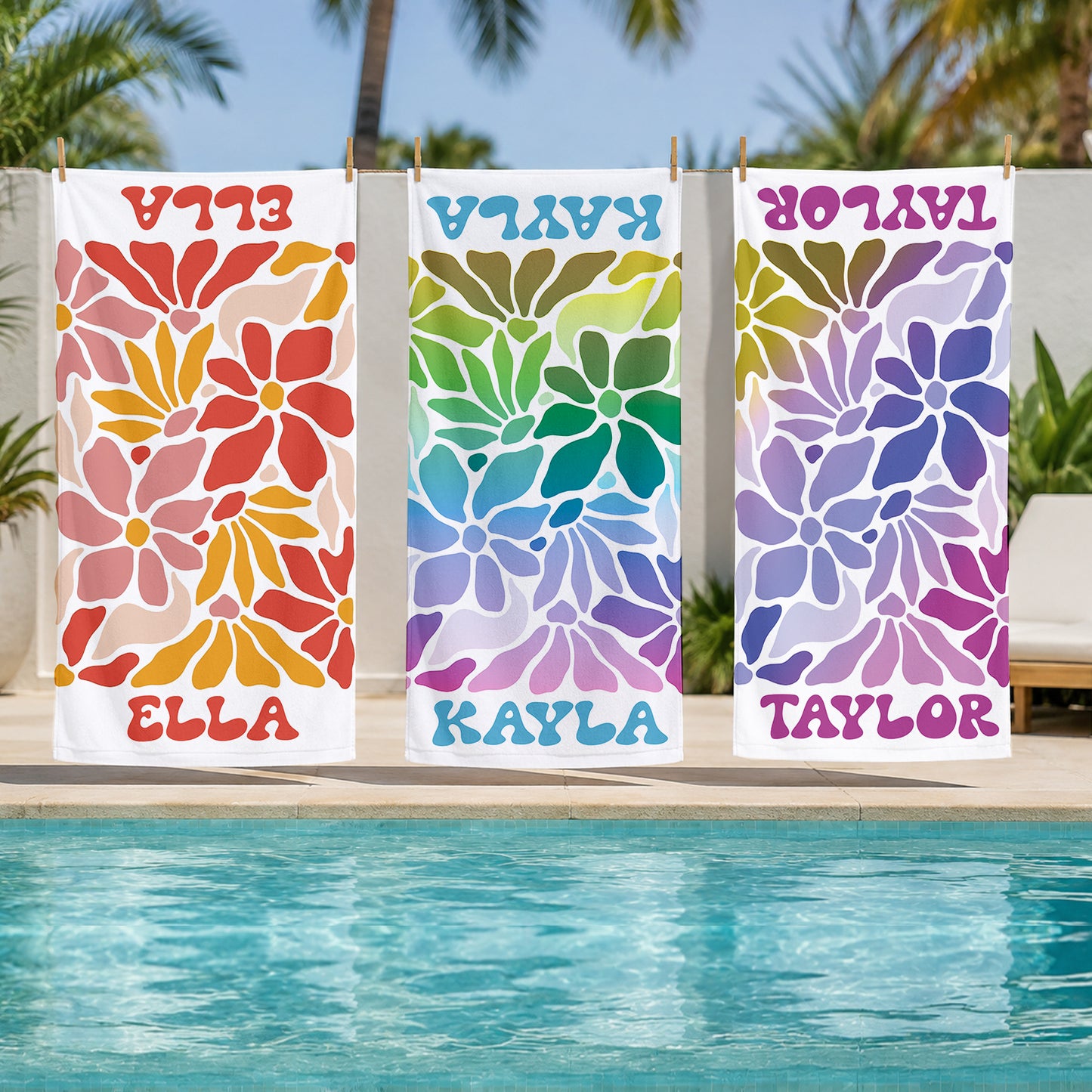 Personalized Retro Floral Beach Towel | Custom Name Wildflower Design