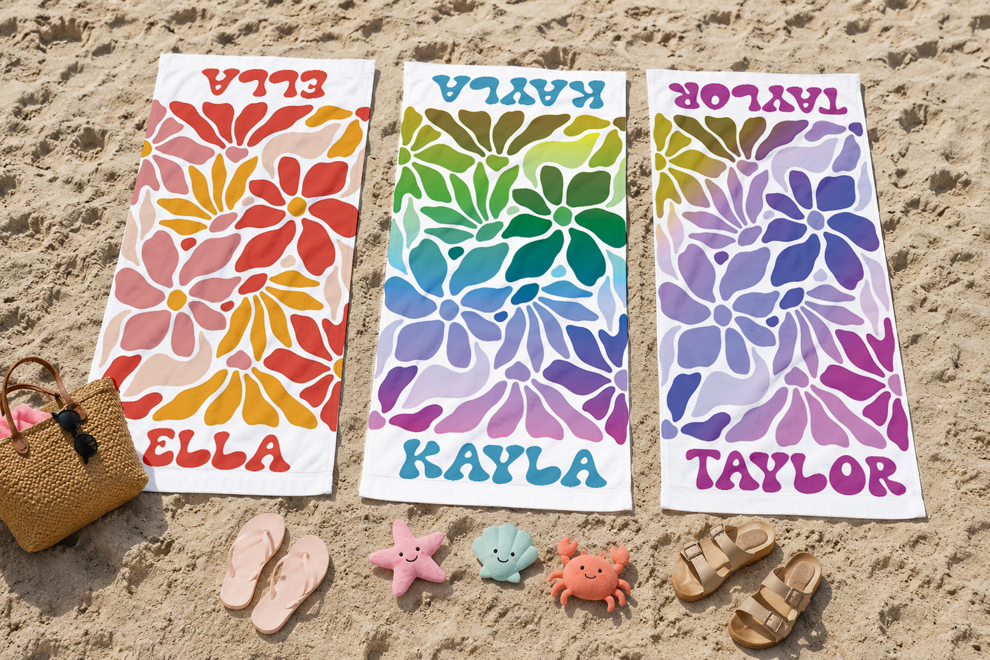 Personalized Retro Floral Beach Towel | Custom Name Wildflower Design