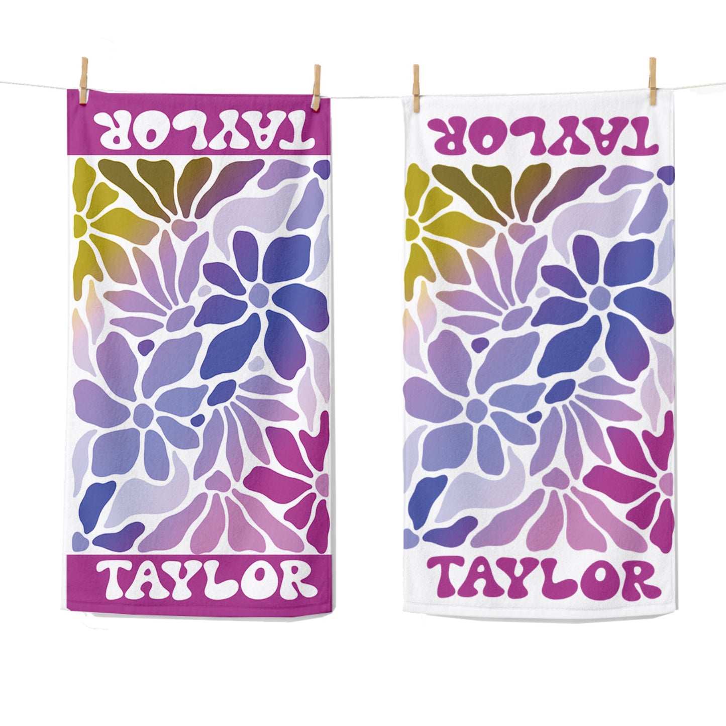 Personalized Retro Floral Beach Towel | Custom Name Wildflower Design