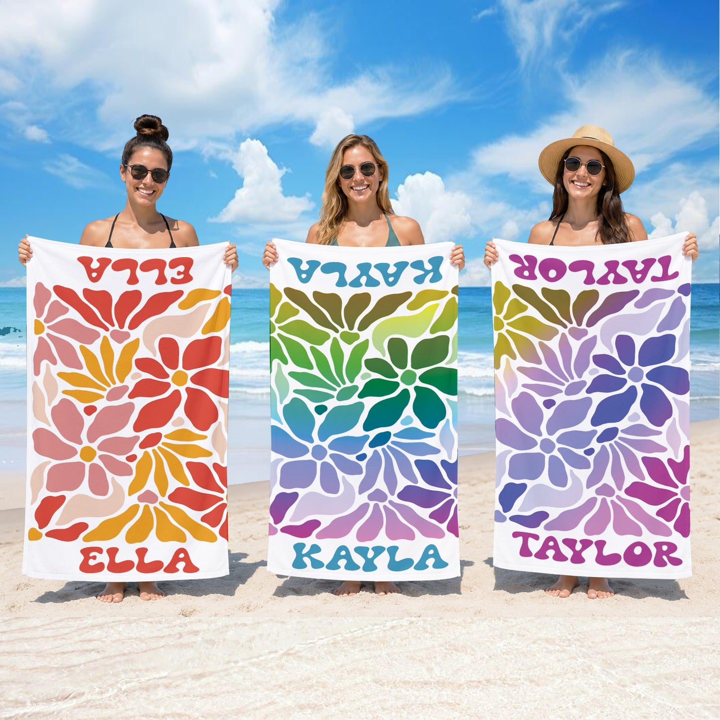 Personalized Retro Floral Beach Towel | Custom Name Wildflower Design
