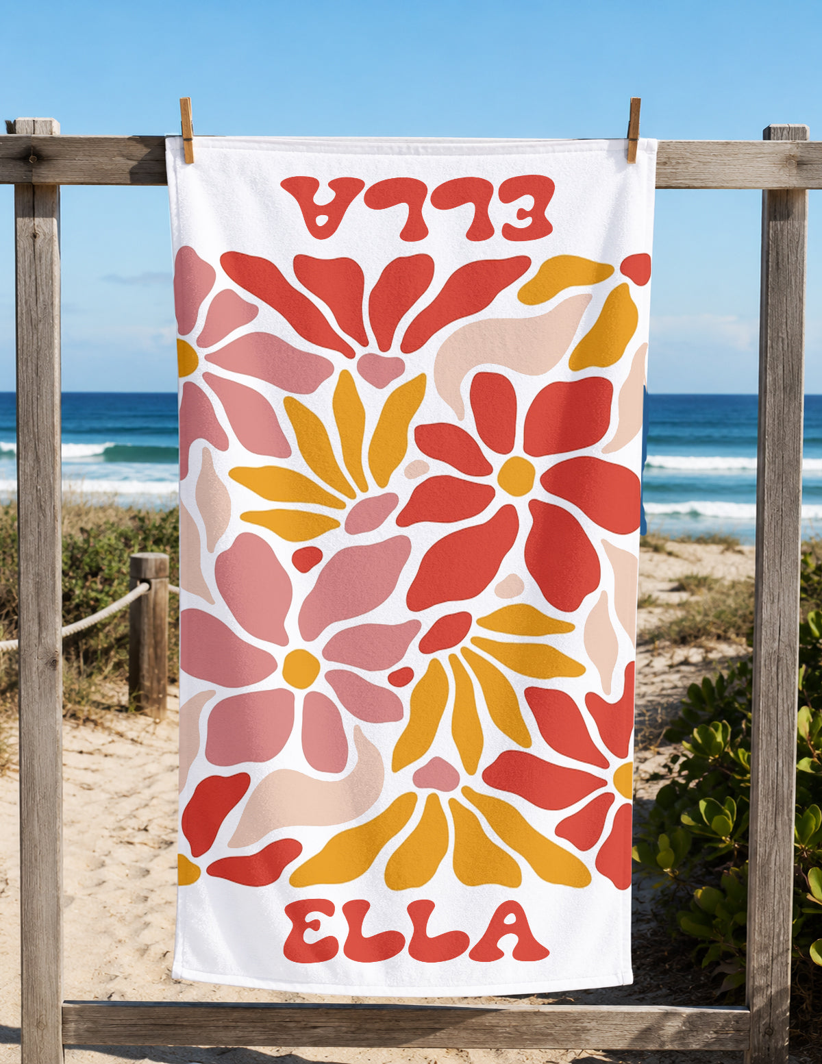 Personalized Retro Floral Beach Towel | Custom Name Wildflower Design