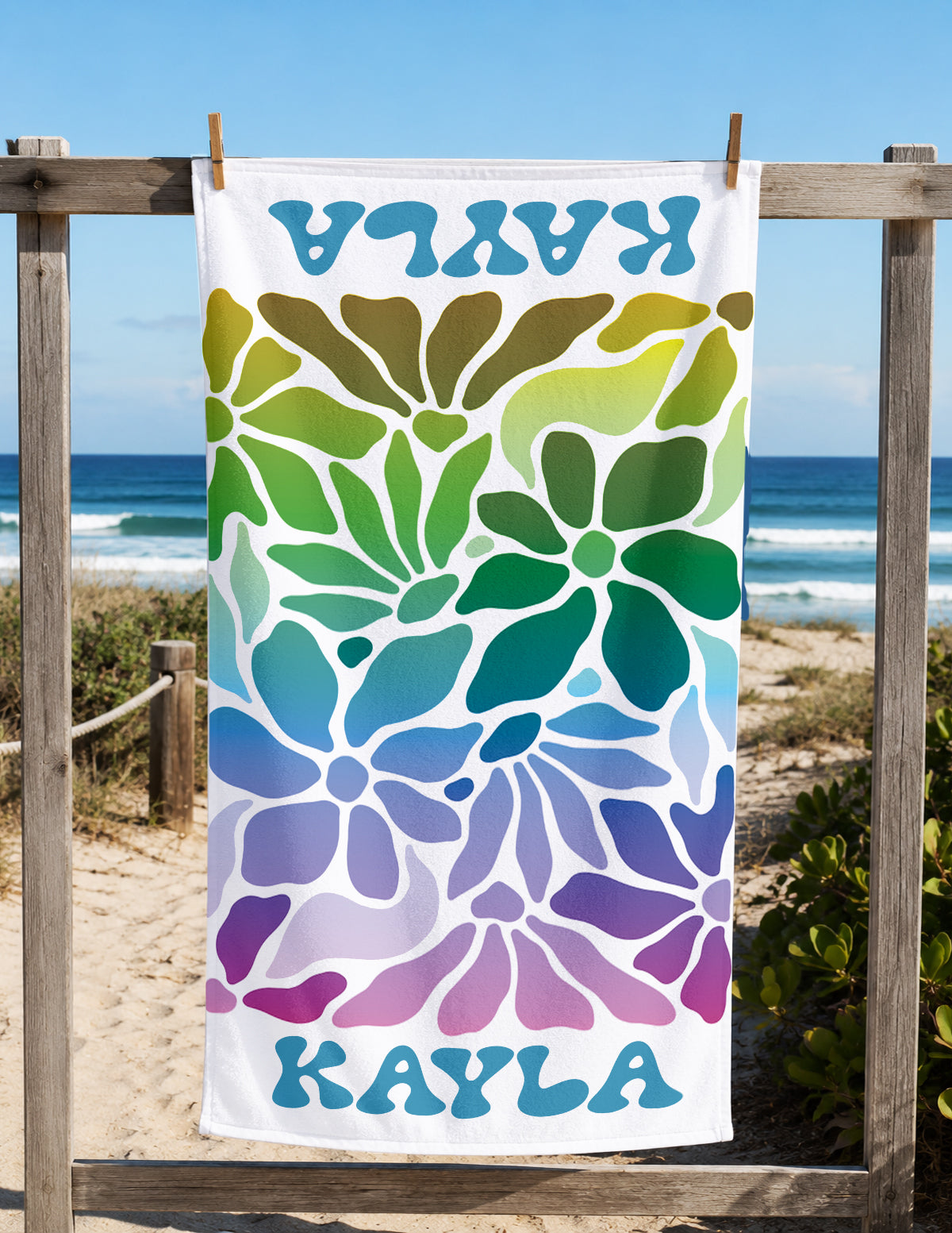 Personalized Retro Floral Beach Towel | Custom Name Wildflower Design