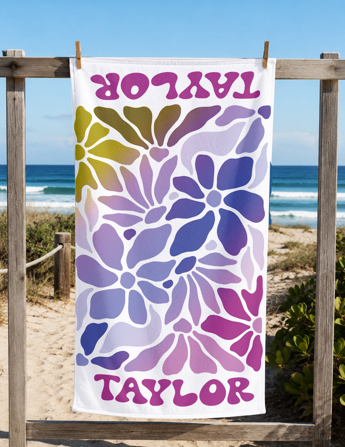 Personalized Retro Floral Beach Towel | Custom Name Wildflower Design