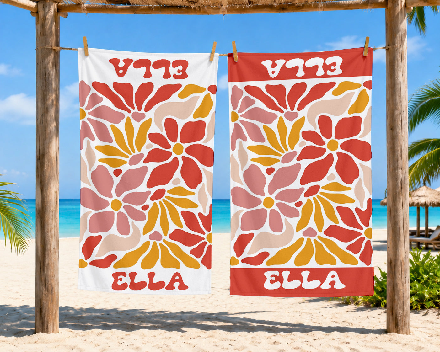 Personalized Retro Floral Beach Towel | Custom Name Wildflower Design