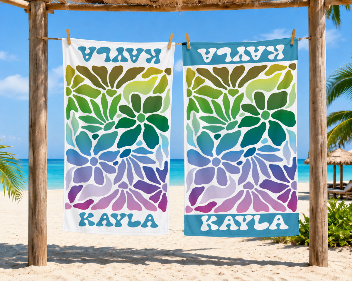 Personalized Retro Floral Beach Towel | Custom Name Wildflower Design