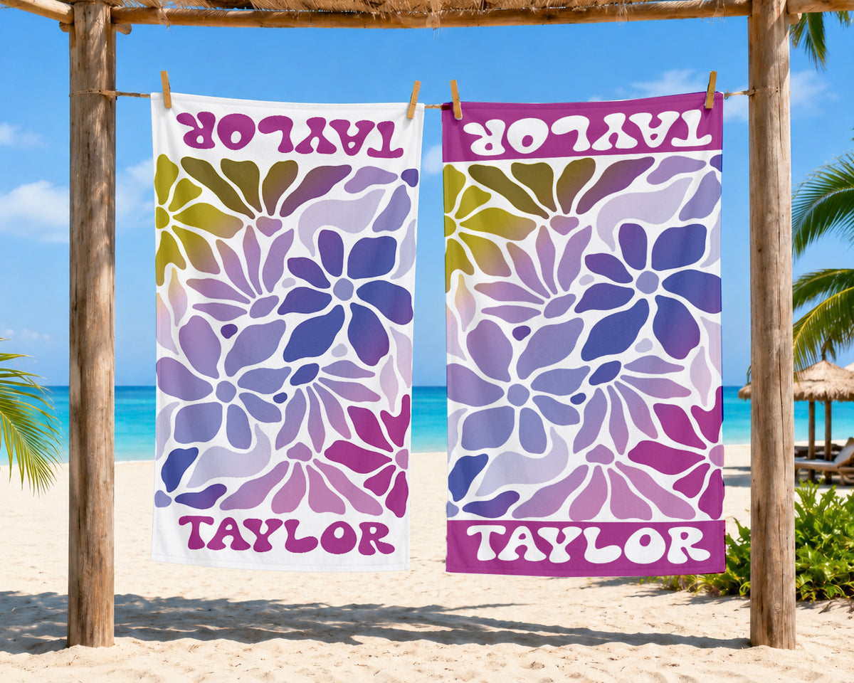 Personalized Retro Floral Beach Towel | Custom Name Wildflower Design
