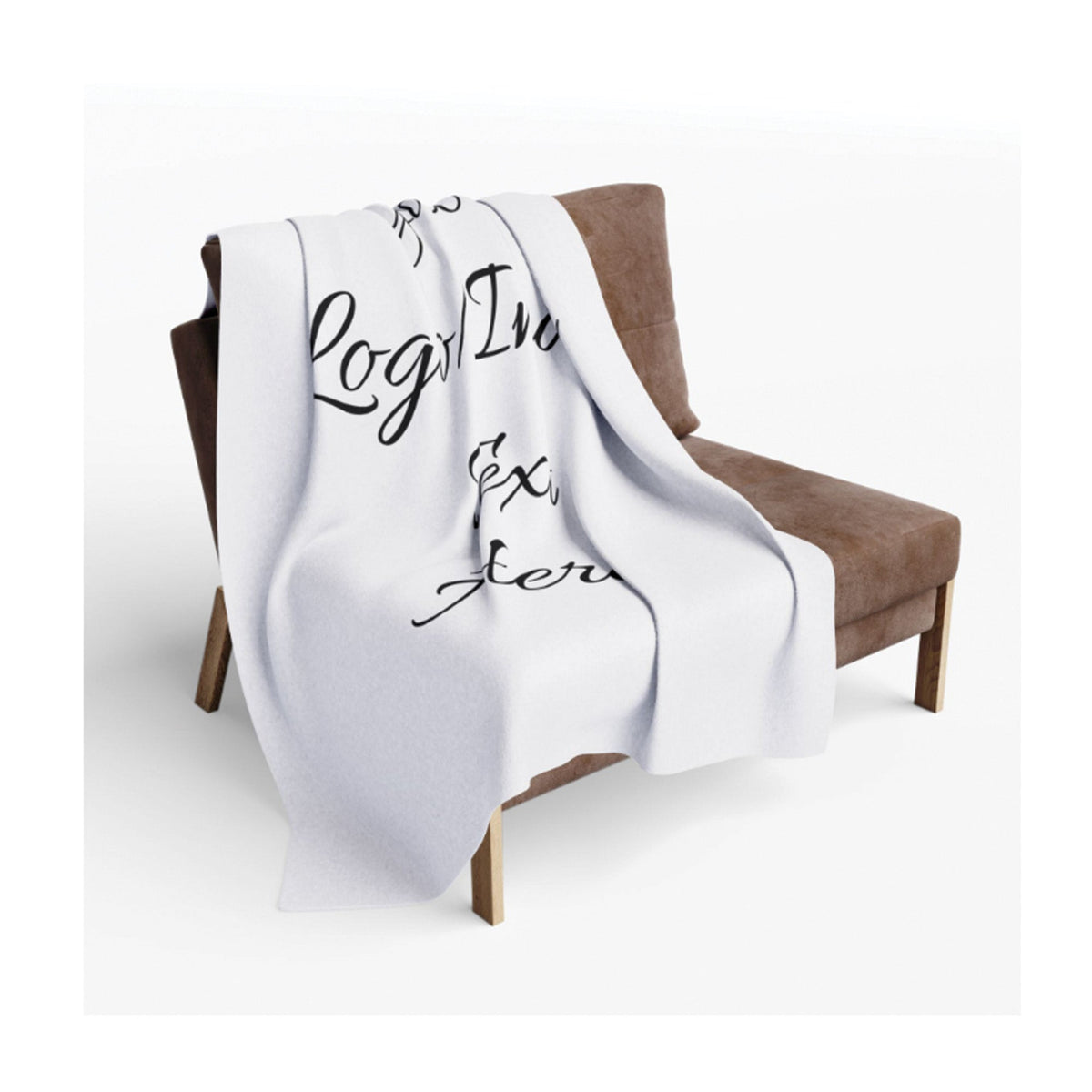 A white throw blanket draped over a brown armchair, featuring black cursive text that reads 'Logan Ex. Aeron' on a clean white background.