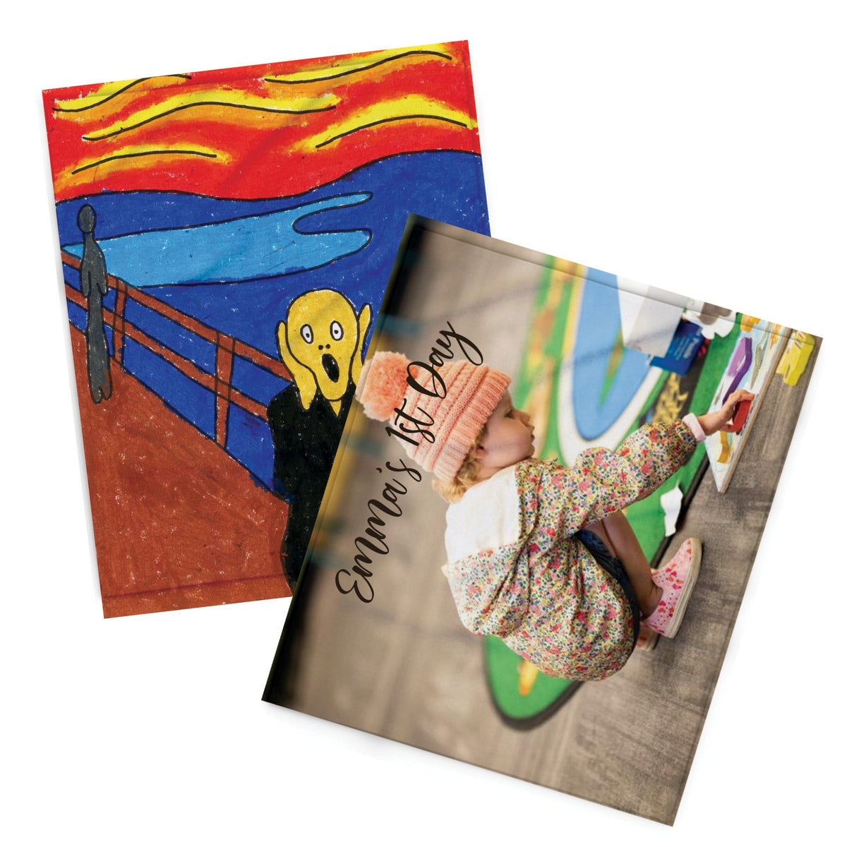 Two custom square photo prints displayed at an angle on a white background. The left print features a colorful painting of a screaming face on a bridge under a fiery sky, with the text 'Emma's 1st Day' written across the center.