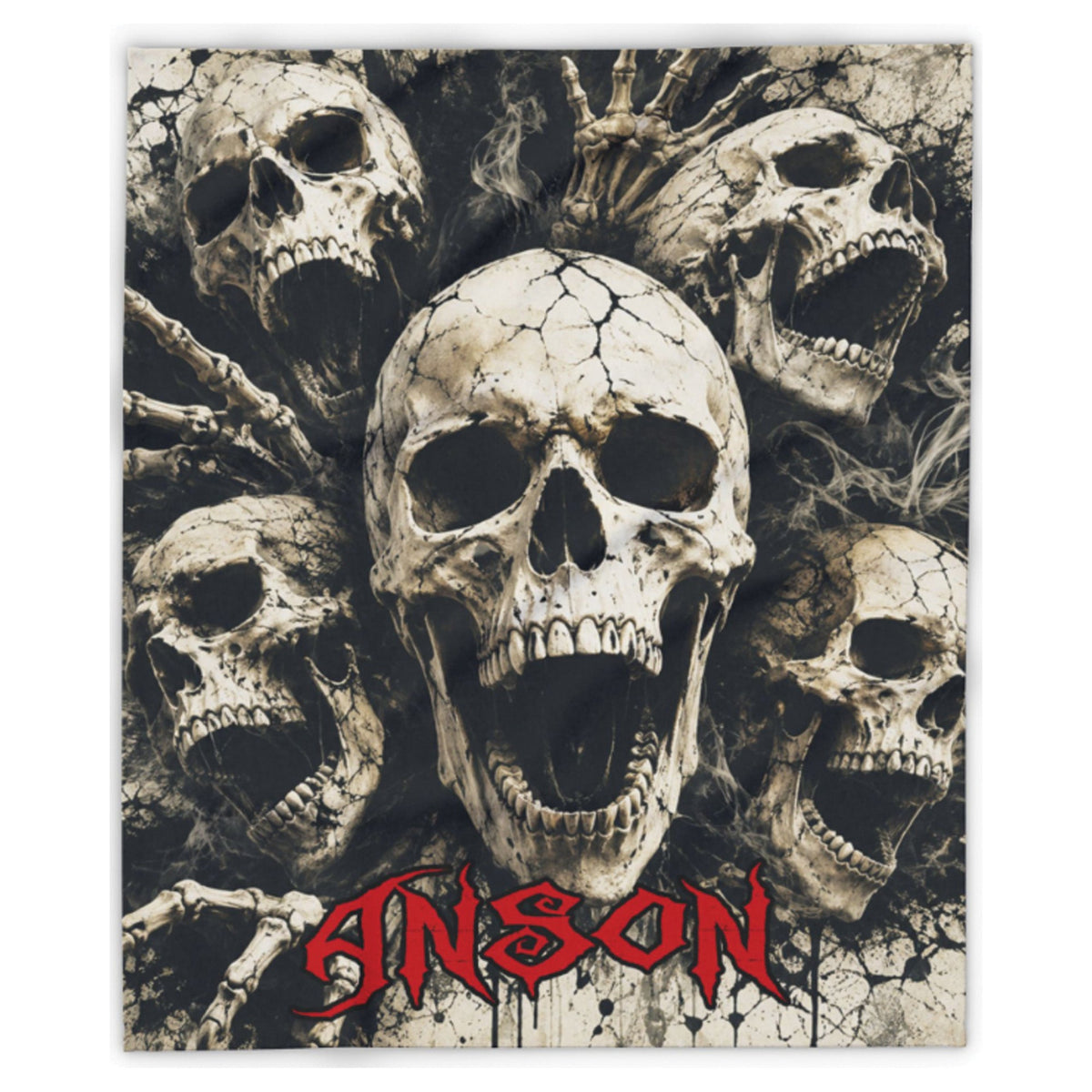 A square graphic print featuring multiple screaming skulls in a dark, grunge-style design with the word 'ANSON' in red stylized lettering at the bottom, shown against a plain white background.