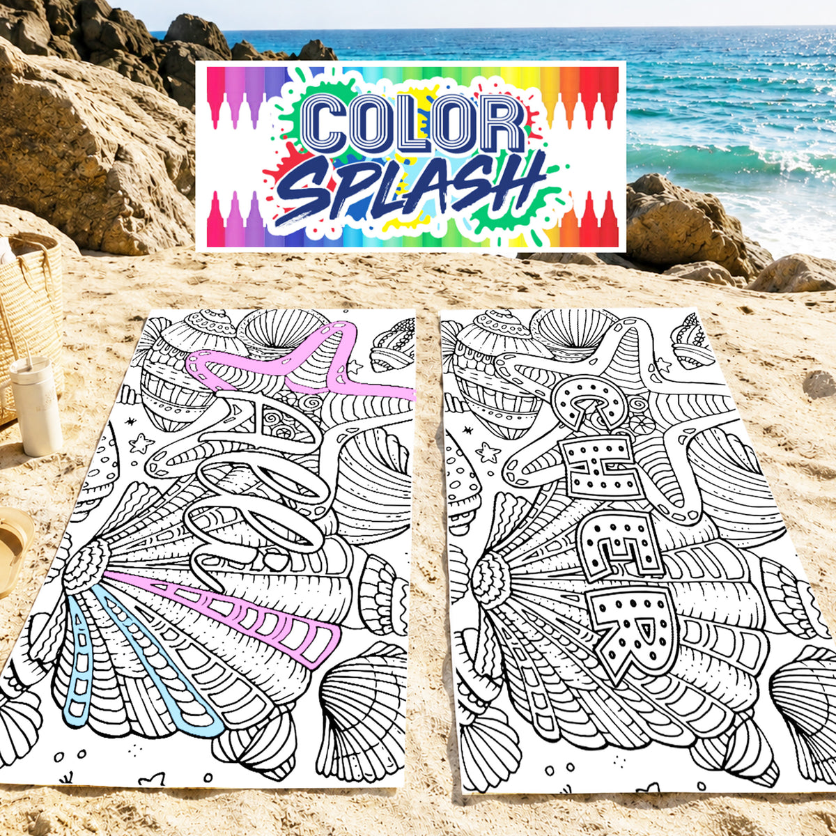 Two white beach towels with black line-art sea fan and starfish patterns are laid on sandy beach rocks, with ocean and sky in the background. A colorful 'COLOR SPLASH' banner is overlaid at the top.
