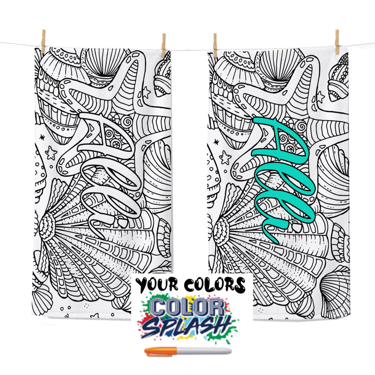 Personalized Color Your Own Beach Towel | Custom Seashell Design