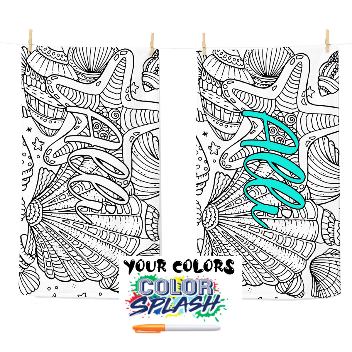 Two white fabric panels with black line-art starfish and shell patterns are shown hanging side by side with wooden clips. One panel has a bright turquoise script overlay reading 'My', and a small 'YOUR COLORS COLOR SPLASH' label with an orange marker appears at the bottom.