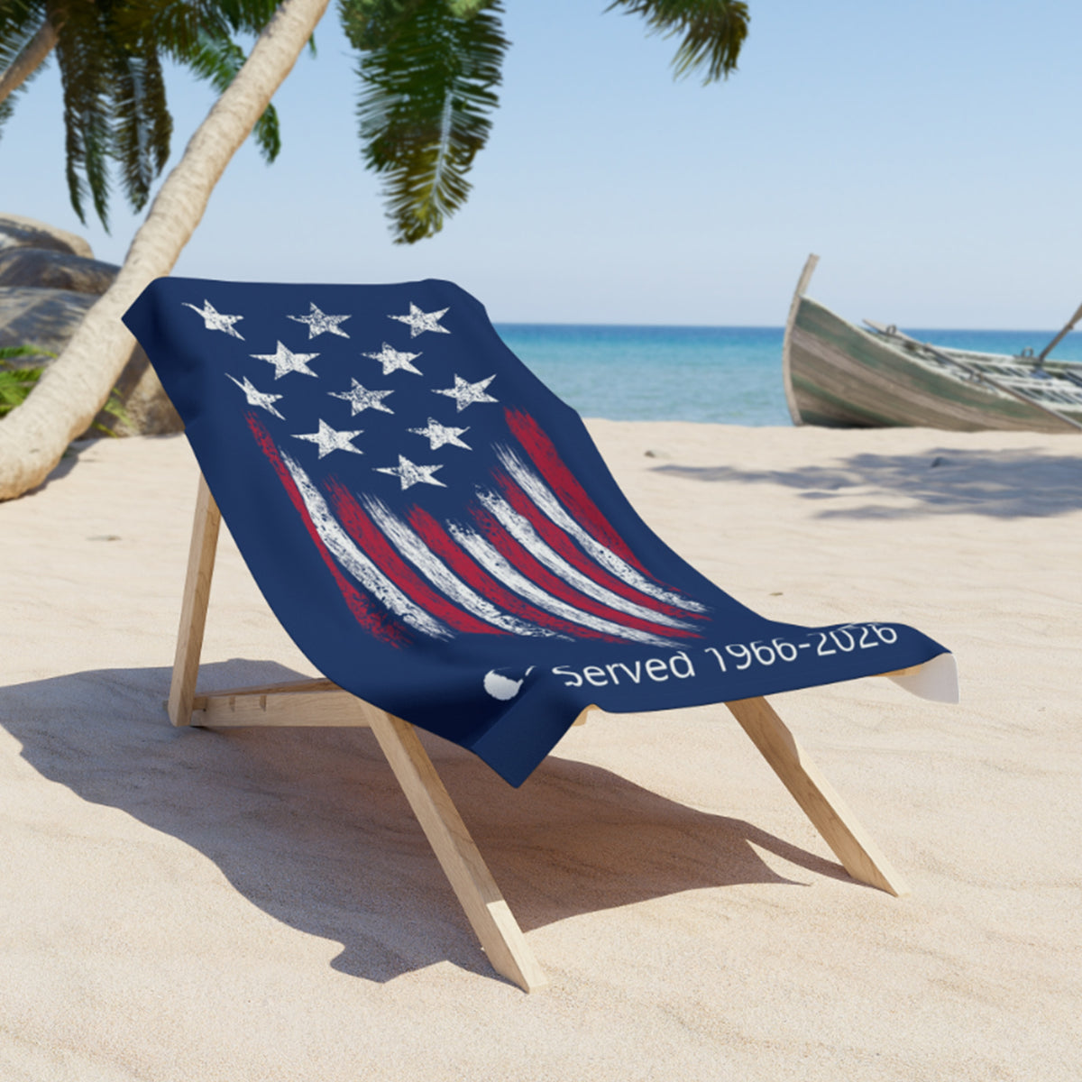 Military beach towel draped over lounge chair