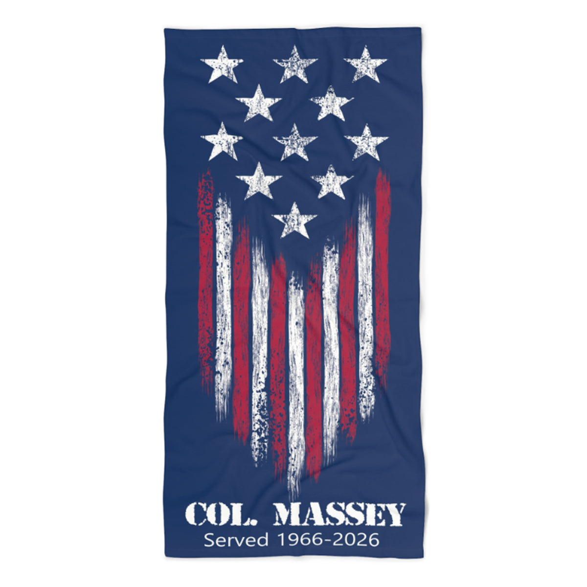 Blue towel with white stars and red and white stripes with Col Massey underneath with served 1966-206