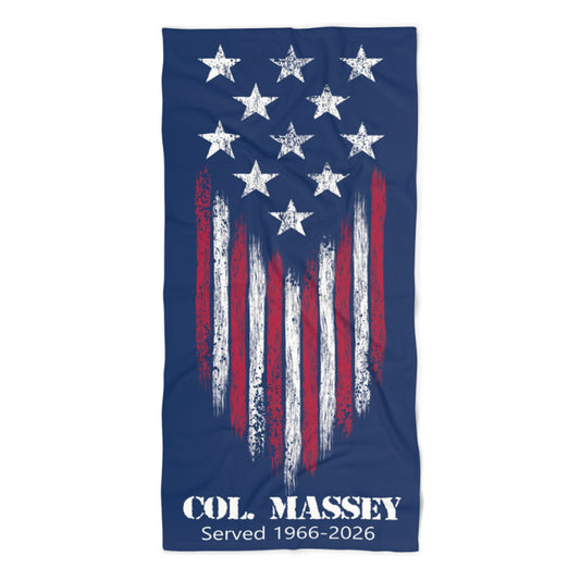 Blue towel with white stars and red and white stripes with Col Massey underneath with served 1966-206
