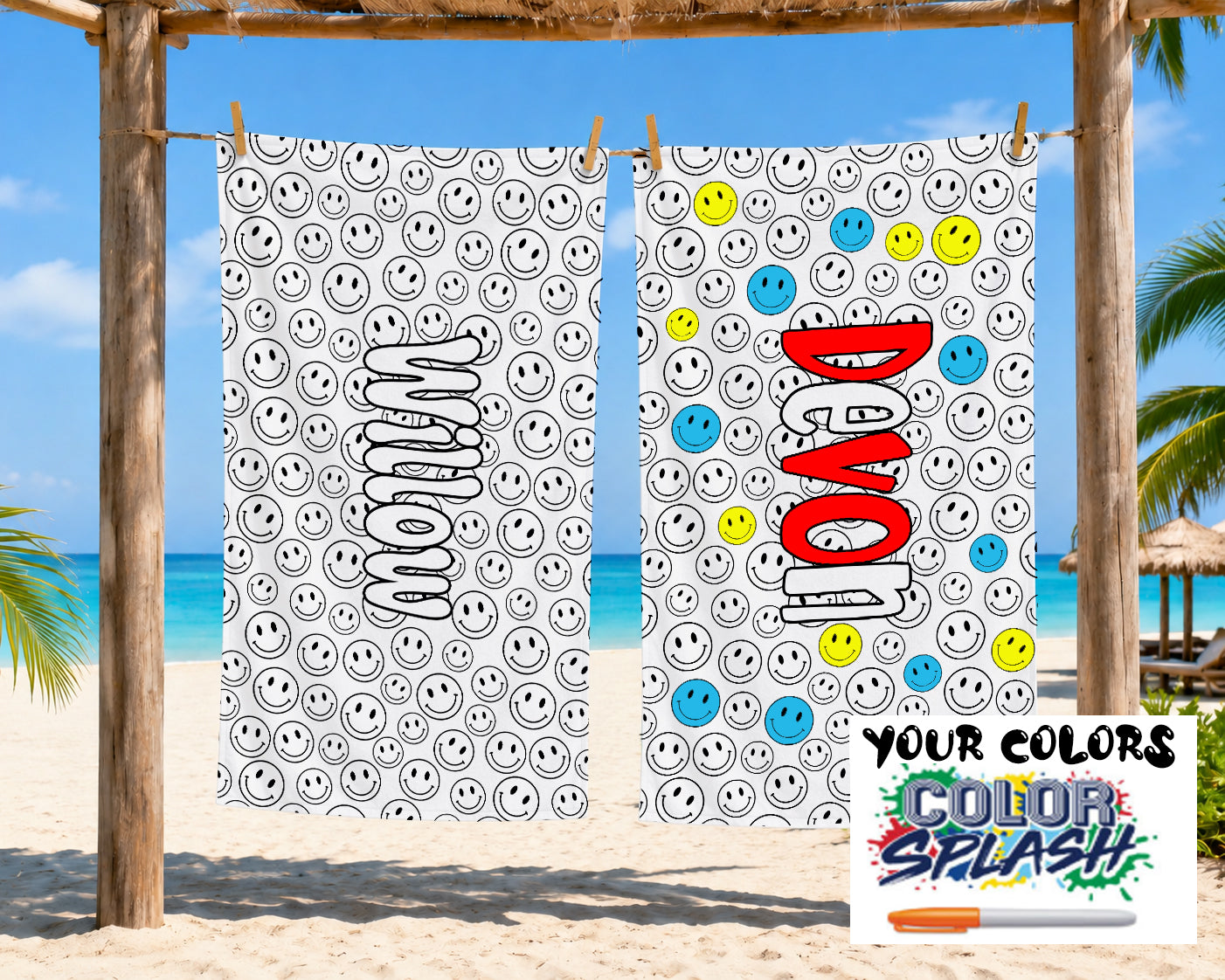 Personalized Color Your Own Beach Towel | Custom Name Smiley Face Design