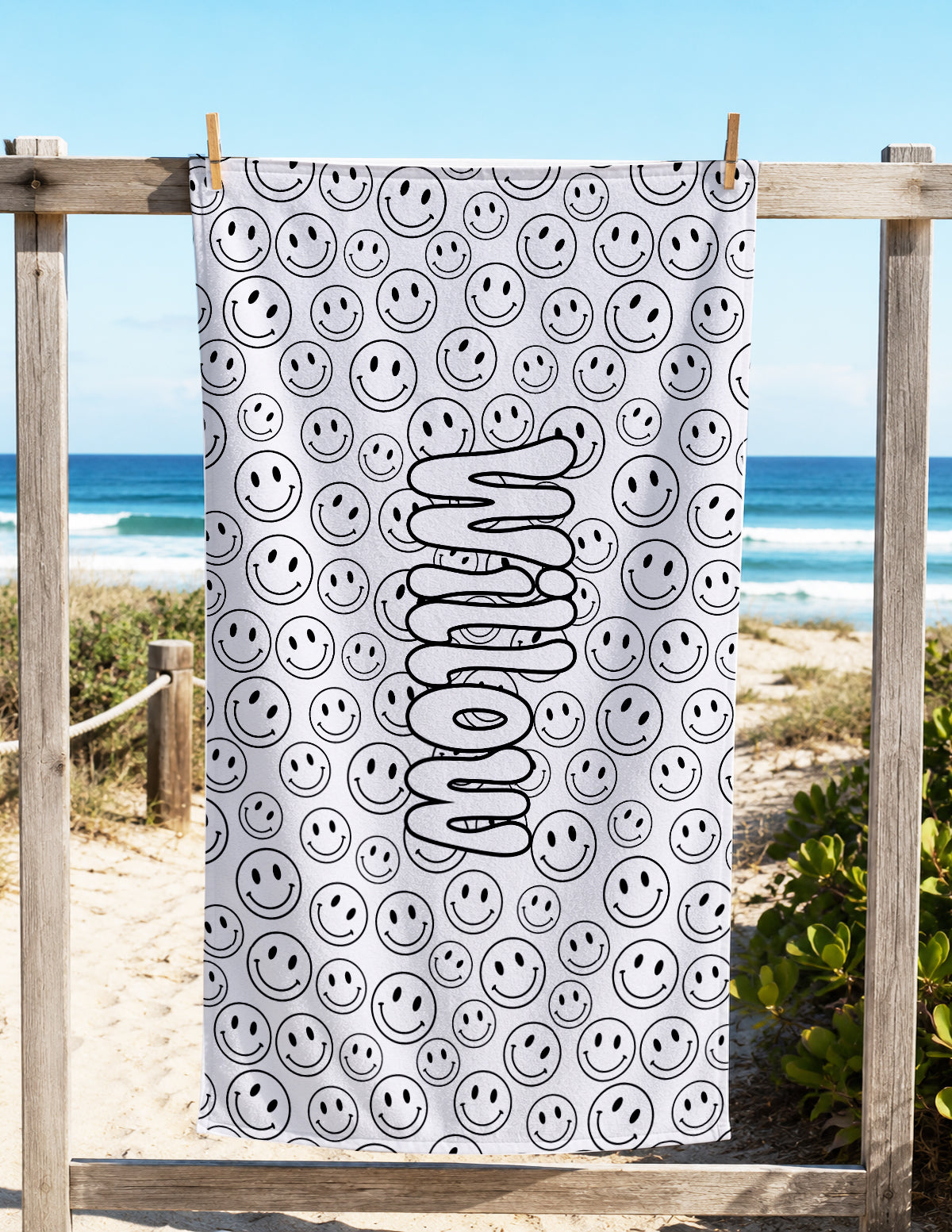 Personalized Color Your Own Beach Towel | Custom Name Smiley Face Design