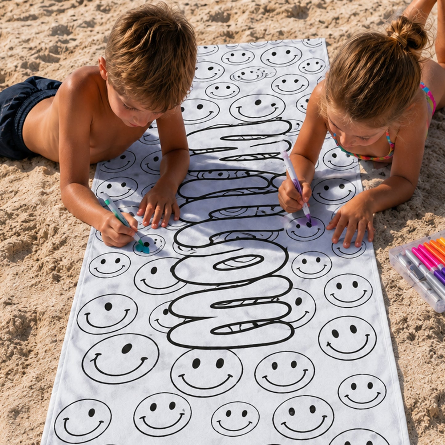 Personalized Color Your Own Beach Towel | Custom Name Smiley Face Design