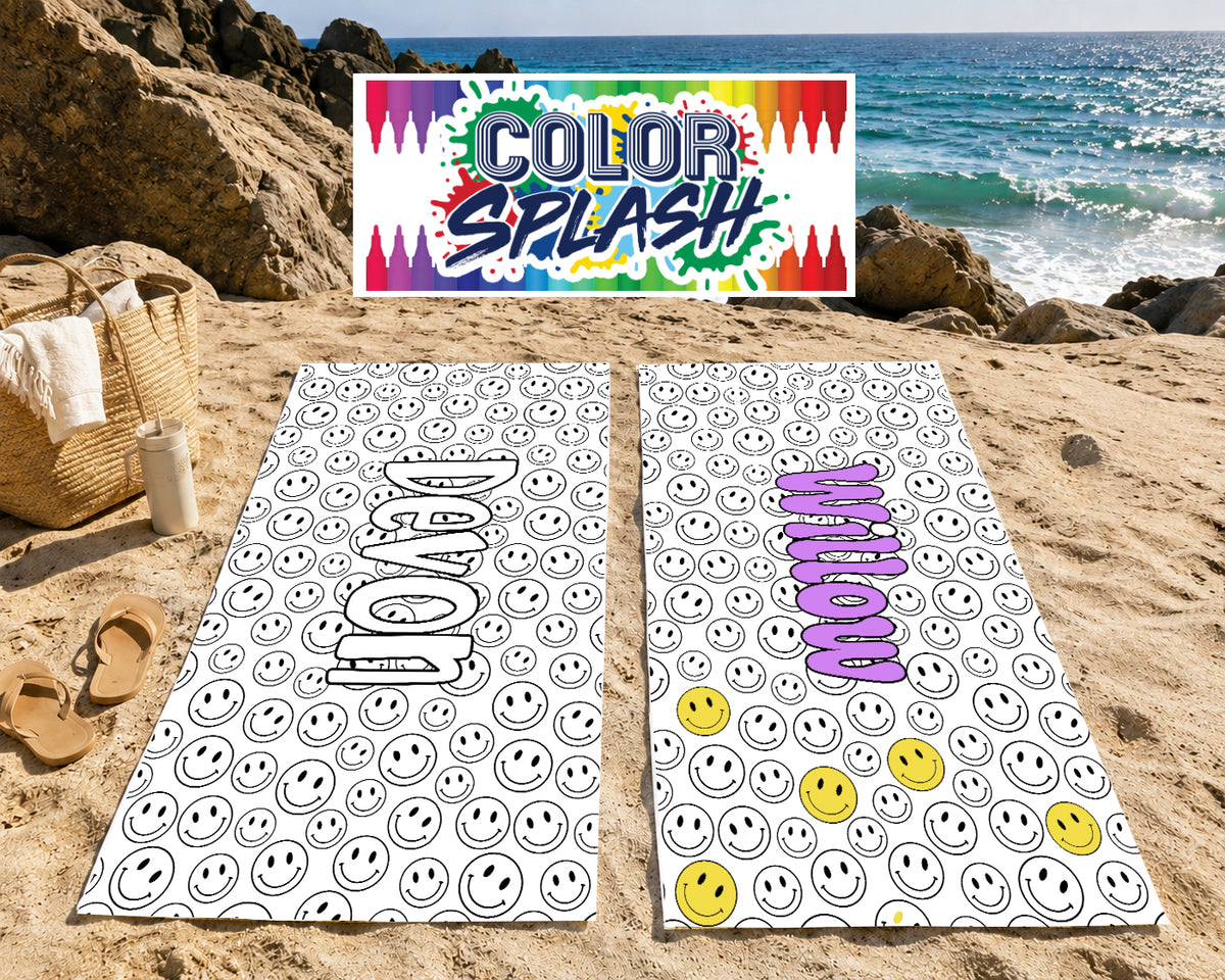 Personalized Color Your Own Beach Towel | Custom Name Smiley Face Design