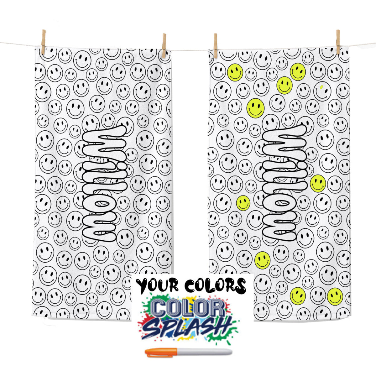 Personalized Color Your Own Beach Towel | Custom Name Smiley Face Design