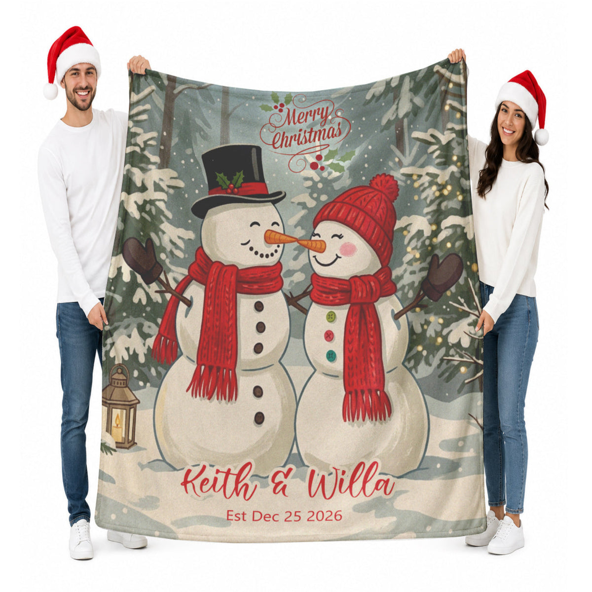 Personalized Snowman Couple Christmas Blanket