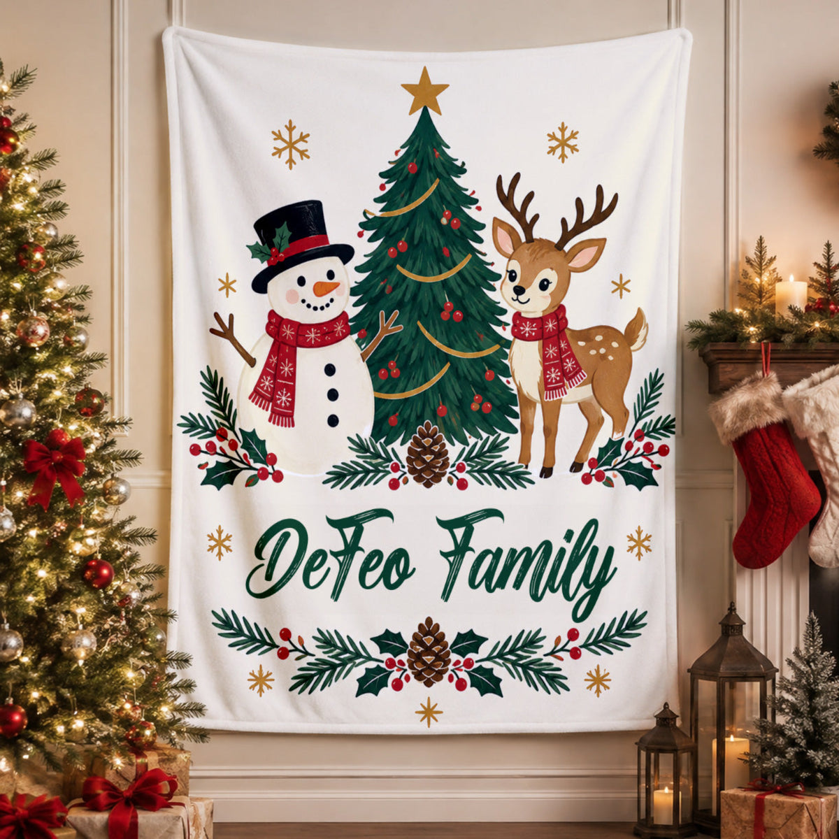 Custom Family Name Christmas Blanket — Snowman & Reindeer Throw