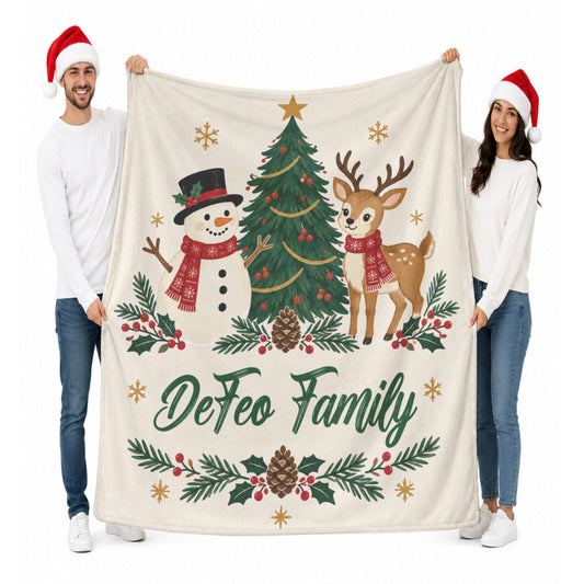 Custom Family Name Christmas Blanket — Snowman & Reindeer Throw