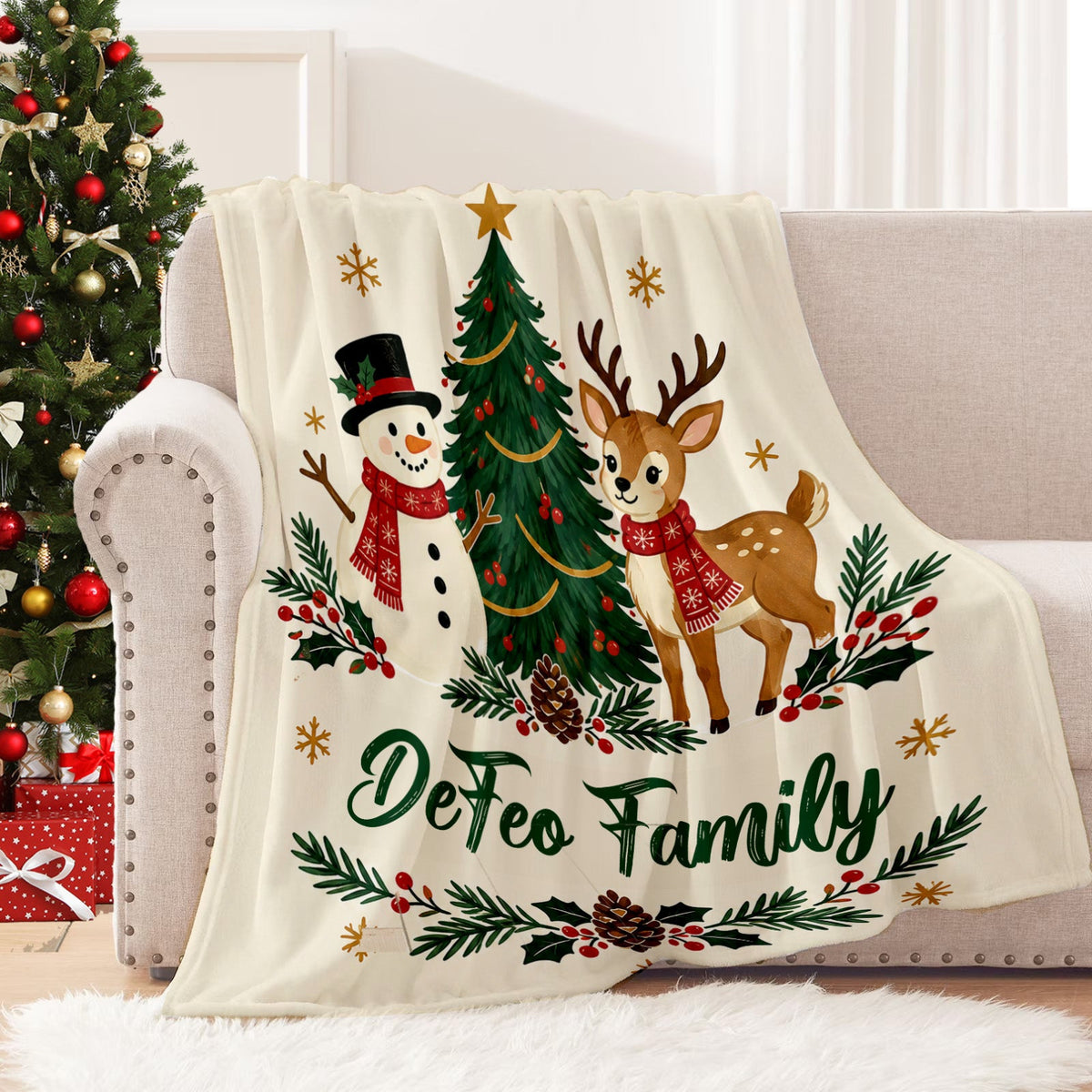 Custom Family Name Christmas Blanket — Snowman & Reindeer Throw