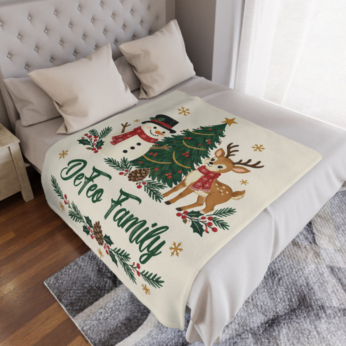 Custom Family Name Christmas Blanket — Snowman & Reindeer Throw