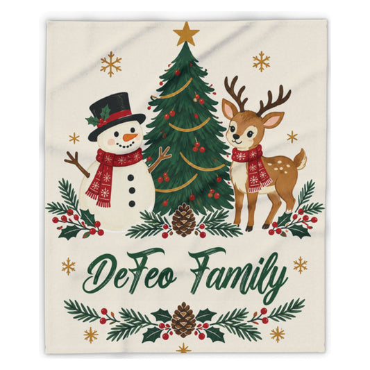 Custom Family Name Christmas Blanket — Snowman & Reindeer Throw