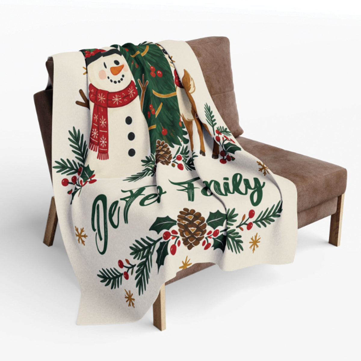 Custom Family Name Christmas Blanket — Snowman & Reindeer Throw