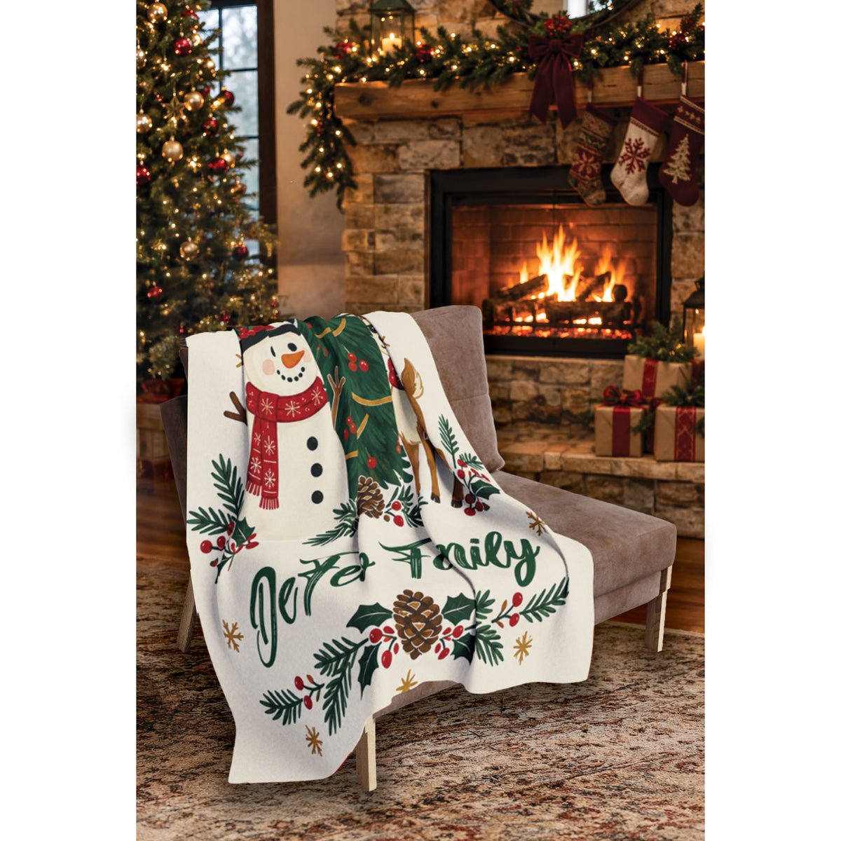 Custom Family Name Christmas Blanket — Snowman & Reindeer Throw