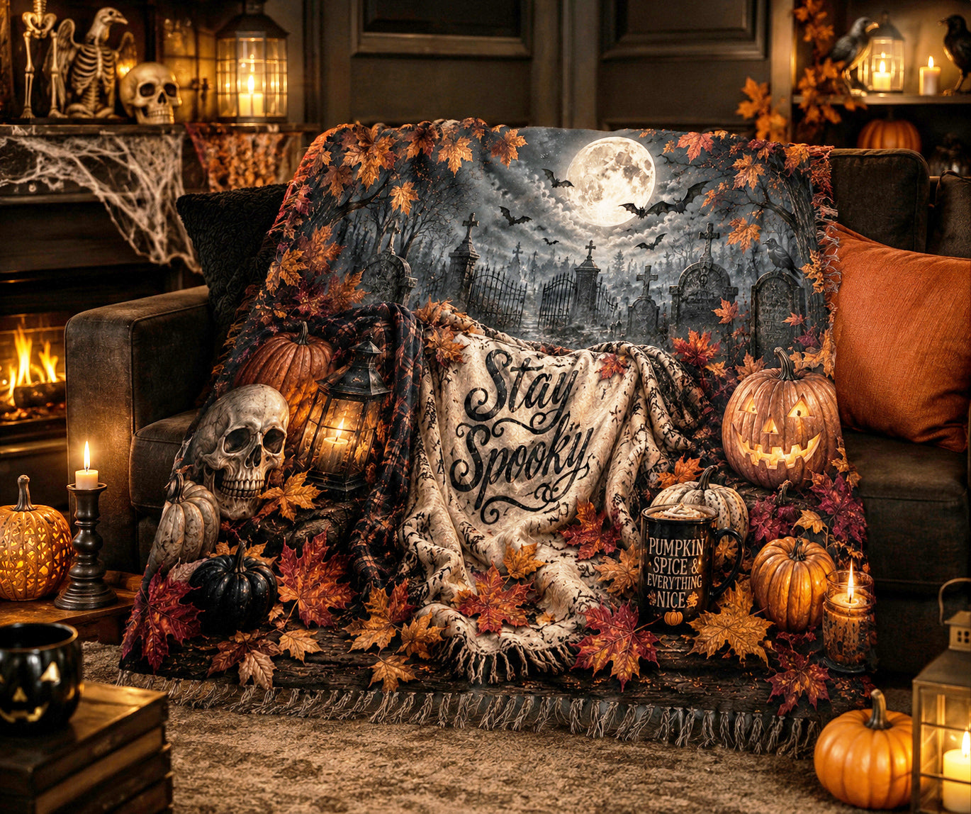 Personalized Skulls and Pumpkin Halloween Blanket | Stay Spooky Throw