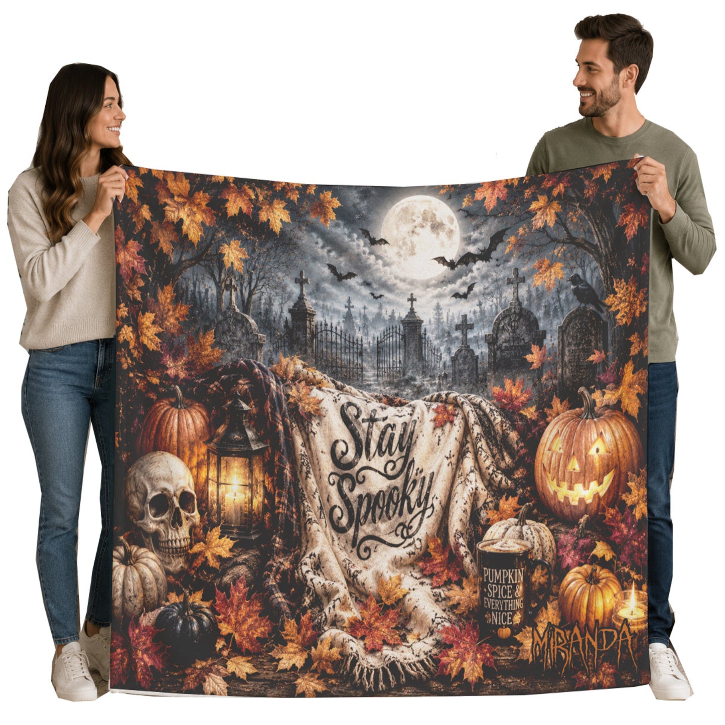 Personalized Skulls and Pumpkin Halloween Blanket | Stay Spooky Throw