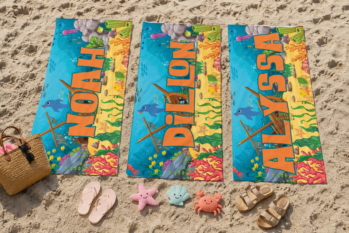 Personalized Underwater Ocean Beach Towel | Custom Name Shipwreck Design