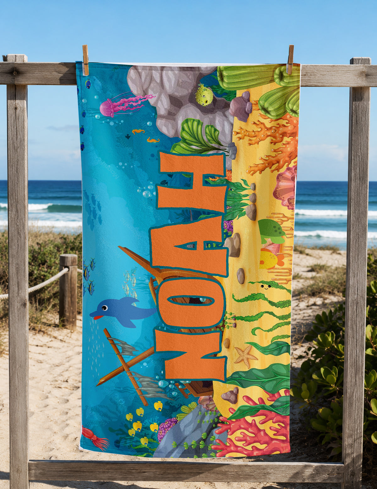 Personalized Underwater Ocean Beach Towel | Custom Name Shipwreck Design