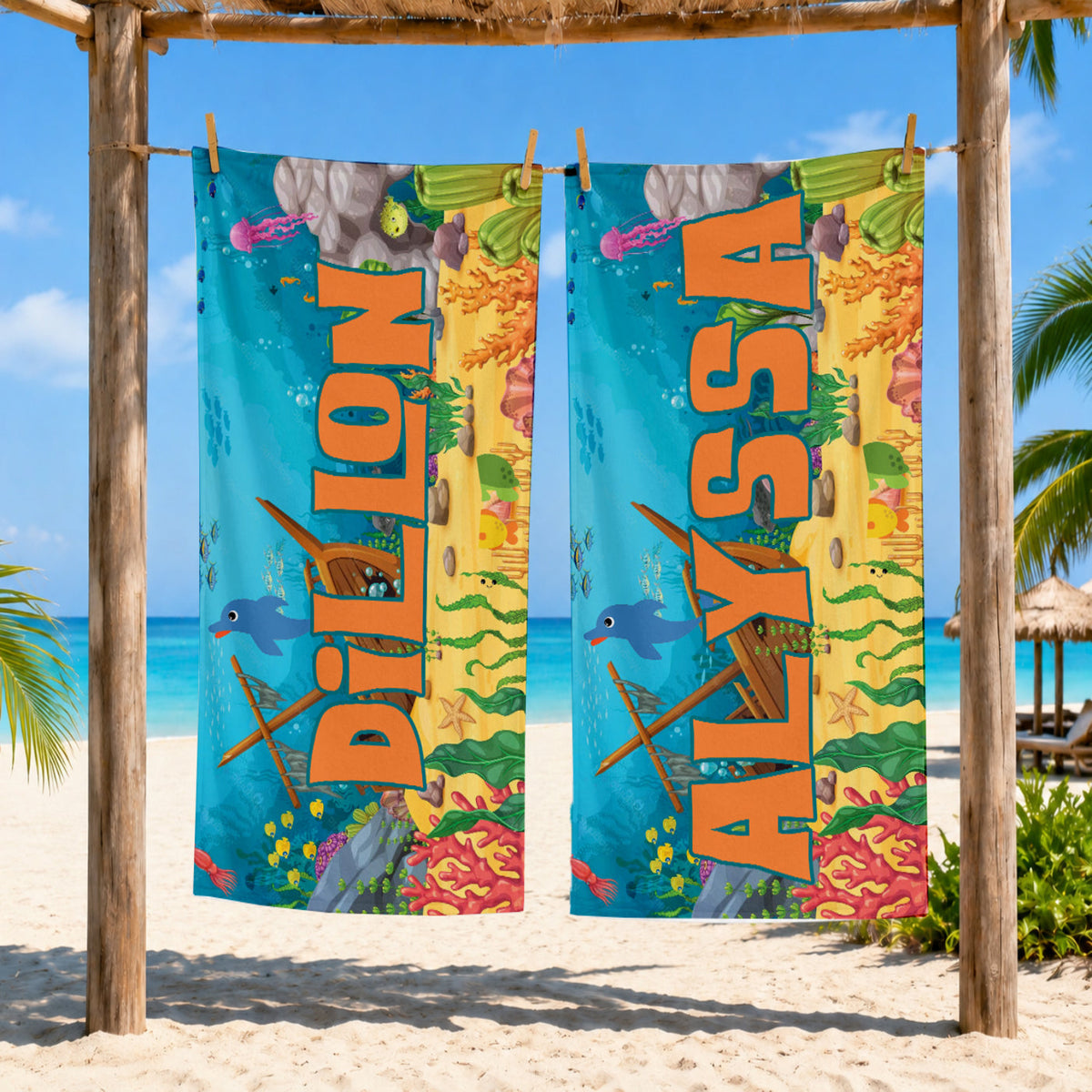 Personalized Underwater Ocean Beach Towel | Custom Name Shipwreck Design