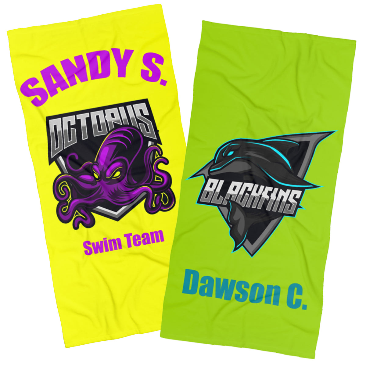 Two bright athletic towels shown on a white background. The left towel is neon yellow with purple text reading 'SANDY S.