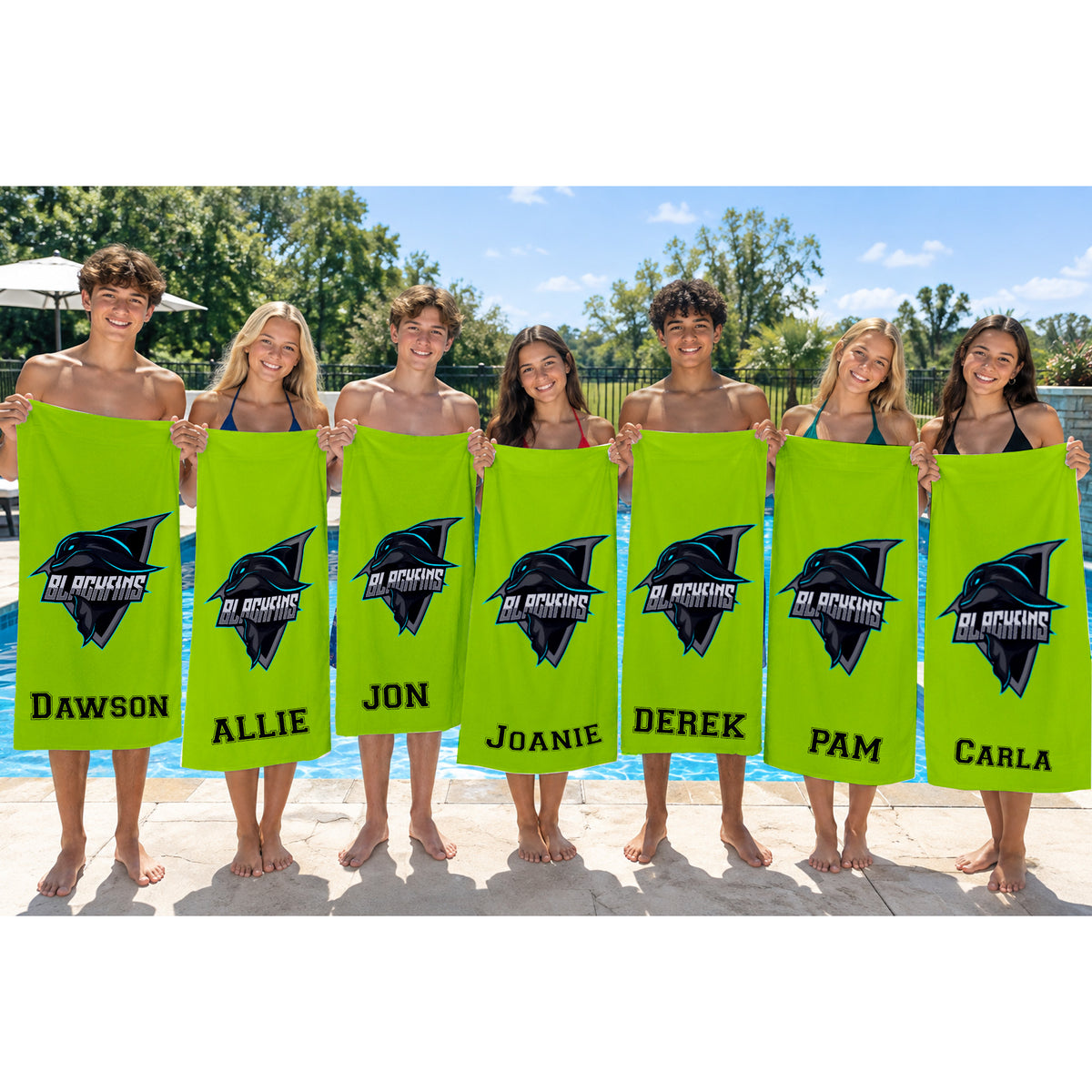 Seven people standing outdoors by a swimming pool, each holding a bright neon green towel with a black and blue wolf logo and the text 'DI RIVIERA HIGH SCHOOL' plus individual names below.