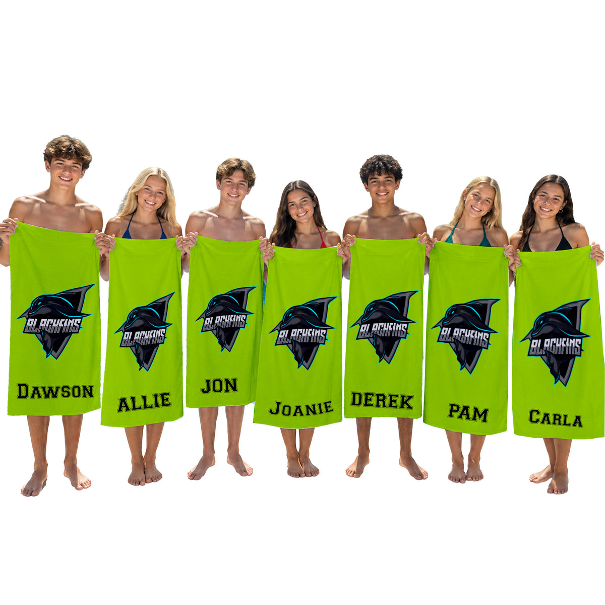 Seven young adults standing in a row, each wrapped in a bright lime green towel featuring the 'Carolina Panthers' logo and the name printed at the bottom. The background is solid white.