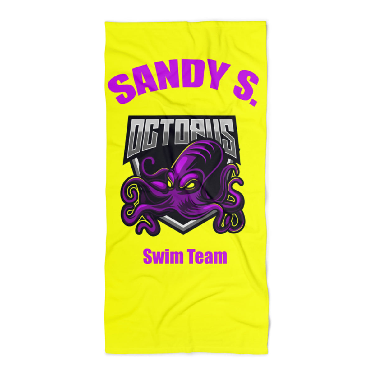 Yellow Beach towel with octupus swim team logo, swimmer name sandy s., and place holder swim team underneath the logo