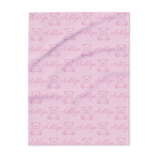 Pink Blanket with alternating pattern of name and teddy bear