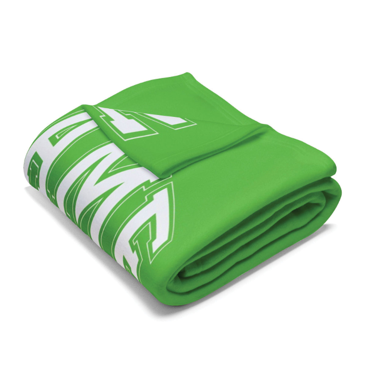 A bright green folded blanket featuring a large white outlined 'AMA' graphic printed on the side, shown on a clean white background.