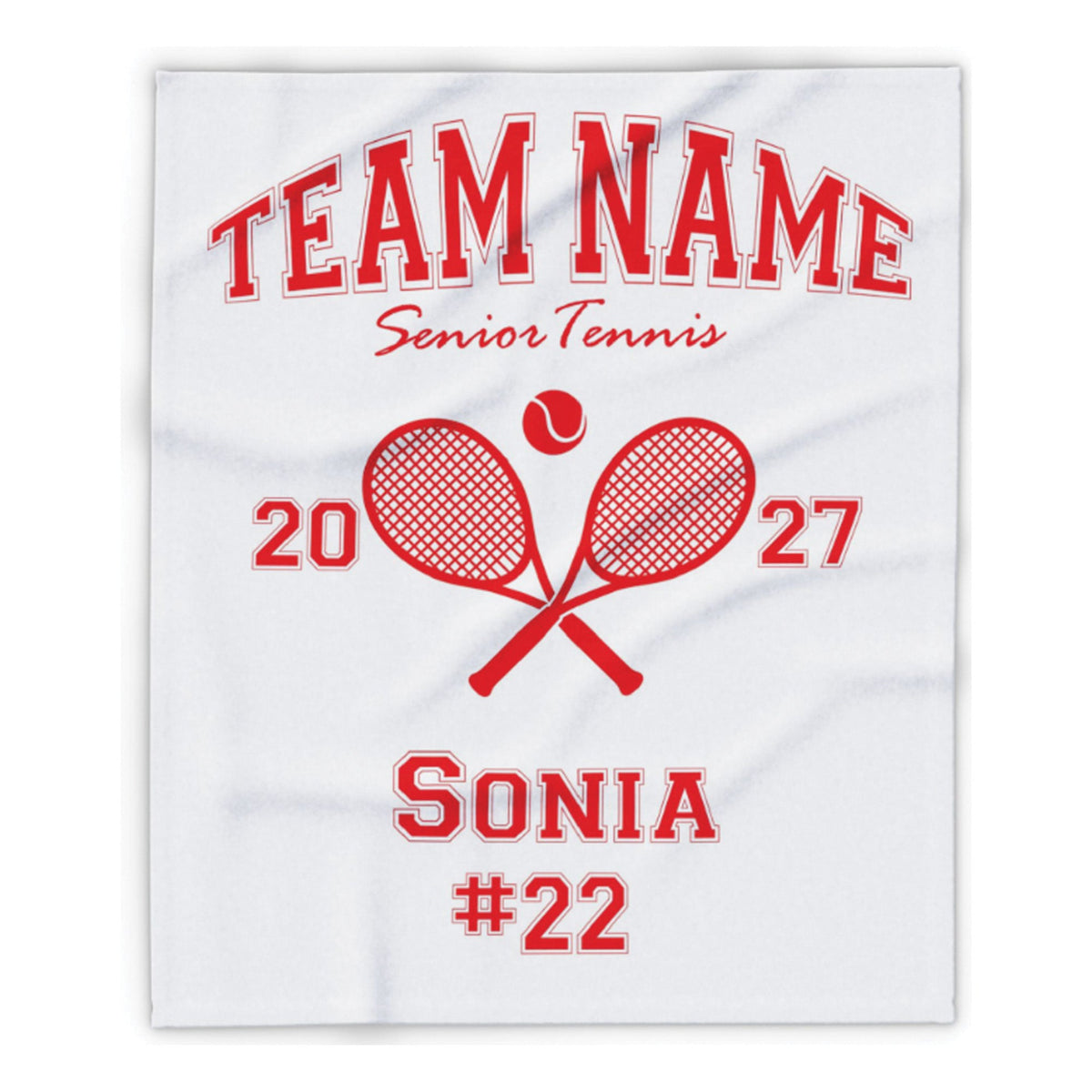 A white custom-printed towel featuring red text and graphics for a senior tennis team, including 'TEAM NAME', 'Senior Tennis', crossed tennis rackets, the numbers '20' and '27', and 'SONIA #22'.