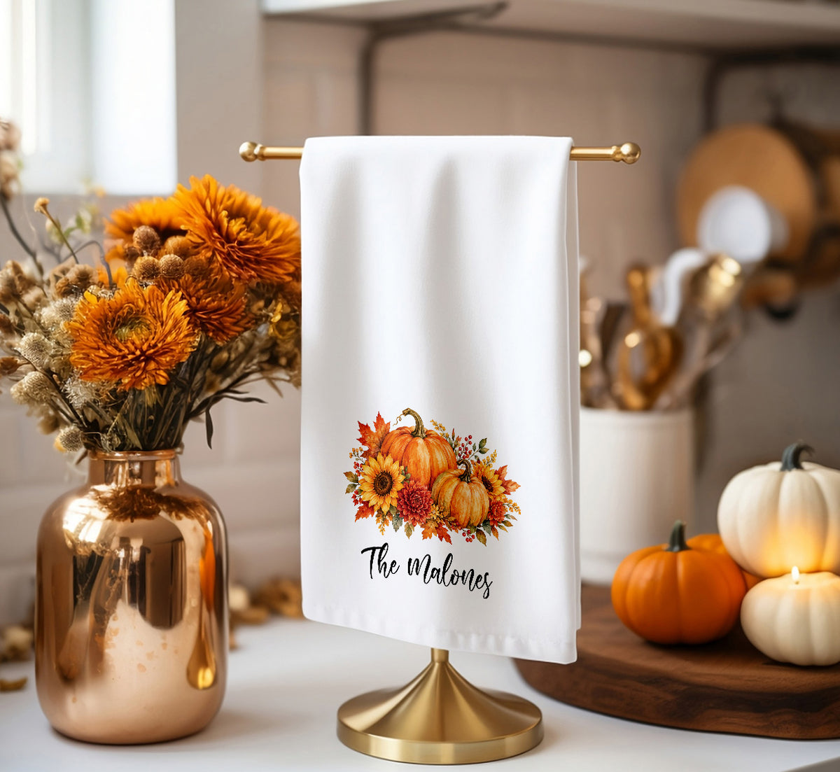 Personalized Fall Tea Towel | Custom Name Pumpkin Decor